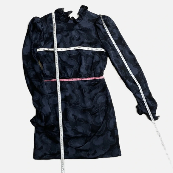 Saloni Floral Print Mini Dress Size US 4 Black Grey Ruffles Long Sleeve Silk - Picture 11 of 12